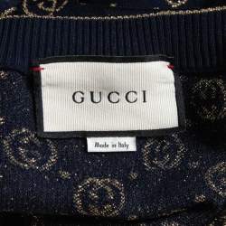 Pre Owned Gucci Navy Blur GG Patterned Lurex Knit Midi Skirt XS