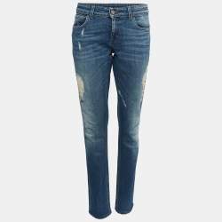 Pre Owned Gucci Navy Blue Washed & Distressed Denim New Leggings Fit Jeans L Waist 34"
