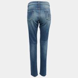 Pre Owned Gucci Navy Blue Washed & Distressed Denim New Leggings Fit Jeans L Waist 34"