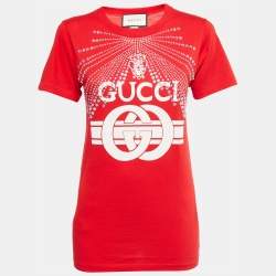 Gucci Red Cotton Logo Crystal Embellished T-Shirt S