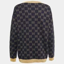 Pre Owned Gucci Navy Blue GG Motif Lurex Knit Cardigan M