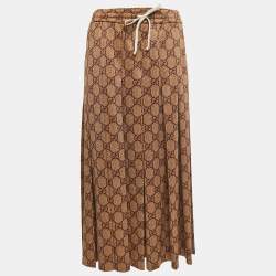 Pre Owned Gucci Brown GG Print Cotton Knit Drawstring Pleated Midi Skirt S