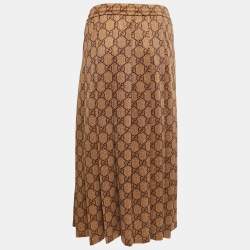 Pre Owned Gucci Brown GG Print Cotton Knit Drawstring Pleated Midi Skirt S