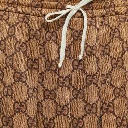 Pre Owned Gucci Brown GG Print Cotton Knit Drawstring Pleated Midi Skirt S