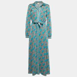 Gucci Blue Geometric Patterned Lurex Knit Belted Maxi Dress XL