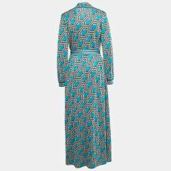 Gucci Blue Geometric Patterned Lurex Knit Belted Maxi Dress XL
