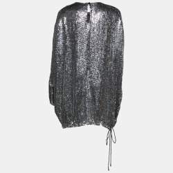 Pre Owned Gucci Silver Sequin Embellished V-Neck Drawstring Top S