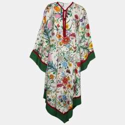 Pre Owned Gucci Off White Flora Printed Linen Asymmetric Hem Midi Dress L