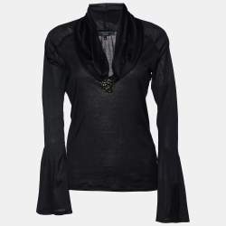 Gucci Black Cotton Knit Brooch Detail Top S