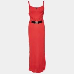 Pre Owned Gucci Red Jersey Cross Over Buckle Detail Sleeveless Gown S