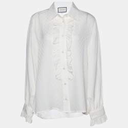 Gucci White Logo Jacquard Silk Ruffle Detail Shirt L