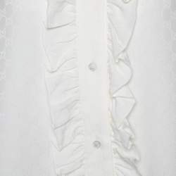 Gucci White Logo Jacquard Silk Ruffle Detail Shirt L