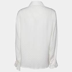 Gucci White Logo Jacquard Silk Ruffle Detail Shirt L