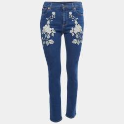 Pre Owned Gucci Blue Floral Embroidered Denim Skinny Jeans M Waist 28"