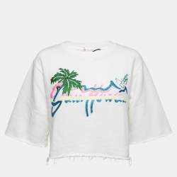 Gucci White Hawaii Glitter Print Cotton Knit Cropped T-Shirt XS