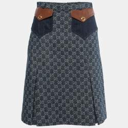 Gucci Dark Blue Guccisima Denim Pleated Knee Length Skirt S
