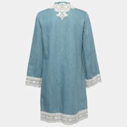 Pre Owned Gucci Blue Chambray Lace Embellished Tunic Mini Dress M
