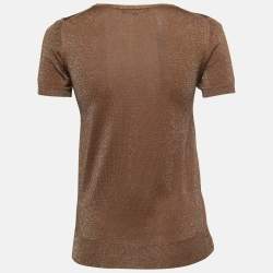 Pre Owned Gucci Brown Lurex Knit Crew Neck Short Sleeve Top S