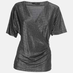 Gucci Metallic Black Knit Draped Half Sleeve Top S