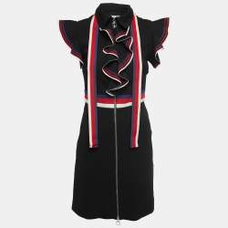 Gucci Black Jersey Web Stripe Detail Ruffled Mini Dress L