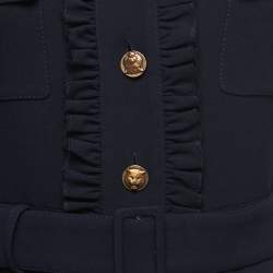 Pre Owned Gucci Navy Blue Wool Crepe Ruffled Belted Dress S