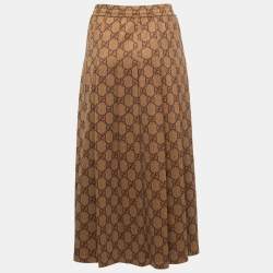 Gucci Brown GG Patterned Jersey Drawstring Pleated Midi Skirt XS