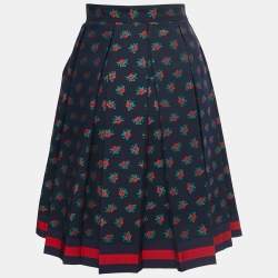 Pre Owned Gucci Navy Blue Floral Jacquard Cotton Pleated Skirt M