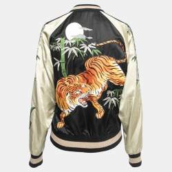 Gucci Black Tiger Embroidered Satin Reversible Bomber Jacket L