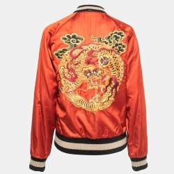 Gucci Black Tiger Embroidered Satin Reversible Bomber Jacket L