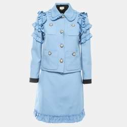Gucci Blue Wool Blend Ruffled Skirt Suit S