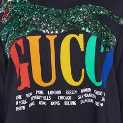 Pre Owned Gucci Black Logo Printed Knit Sequin Embellished Tiger Detail Long Sleeve T-Shirt XL