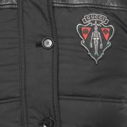 Pre Owned Gucci Equestrian Black Synthetic Leather Trimmed Sleeveless Hooded Puffer Jacket S