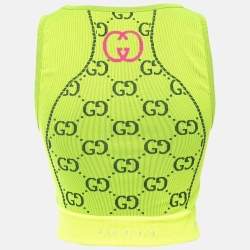 Pre Owned Gucci Neon Green GG Patterned Stretch Knit Sleeveless Crop Top S