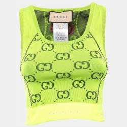 Pre Owned Gucci Neon Green GG Patterned Stretch Knit Sleeveless Crop Top S