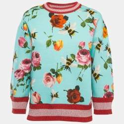 Gucci Blue Rose & Bees Print Cotton Lurex Trimmed Crew Neck Sweater XS