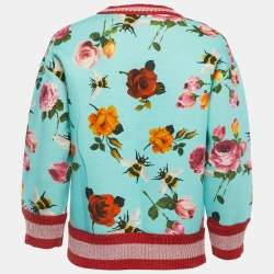 Gucci Blue Rose & Bees Print Cotton Lurex Trimmed Crew Neck Sweater XS