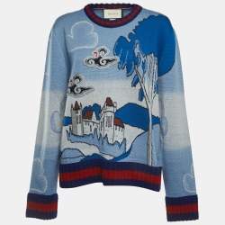 Gucci Blue Castle Patterned Wool Embroidered Patch Crew Neck Sweater XL