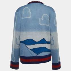 Gucci Blue Castle Patterned Wool Embroidered Patch Crew Neck Sweater XL