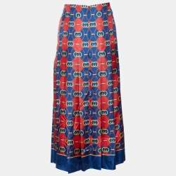 Pre Owned Gucci Blue & Red Printed Silk Pleated Midi Skirt M