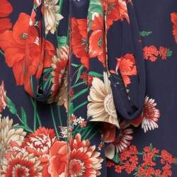 Gucci Navy Blue Floral Printed Silk Tie-Neck Blouse M