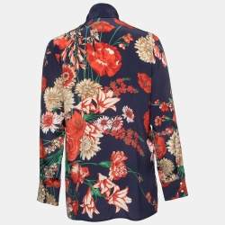 Gucci Navy Blue Floral Printed Silk Tie-Neck Blouse M