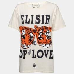 Gucci Cream Tiger Print Sequined Cotton Crew Neck Half Sleeve T-Shirt S