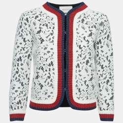 Gucci White Lace Neoprene Sylvie Web Trim Cardigan XS