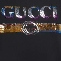 Pre Owned Gucci Black Cotton Logo Sequin Detailed Half Sleeve T-Shirt S