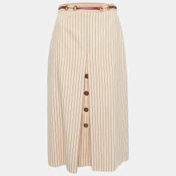 Gucci Beige Striped Wool Horsebit Belt Detailed Midi Skirt S