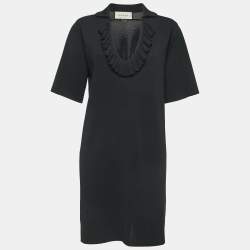 Gucci Black Jersey Ruffled Neck Belt Detail A-Line Mini Dress M