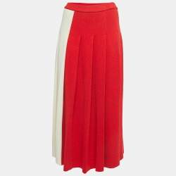 Gucci Cream/Red Wool Elasticized Waist Pleated Midi Skirt S