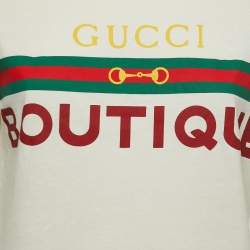 Pre Owned Gucci Cream Logo Print Cotton Short Sleeve T-Shirt XXS