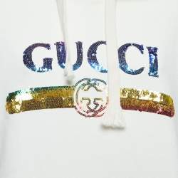 Pre Owned Gucci White Cotton Sequin-Embellished Logo Hoodie S
