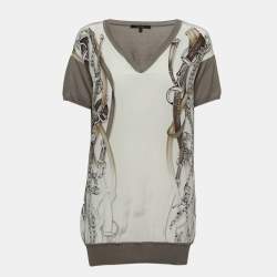 Gucci Brown Logo Chain Print Silk V-Neck Top S